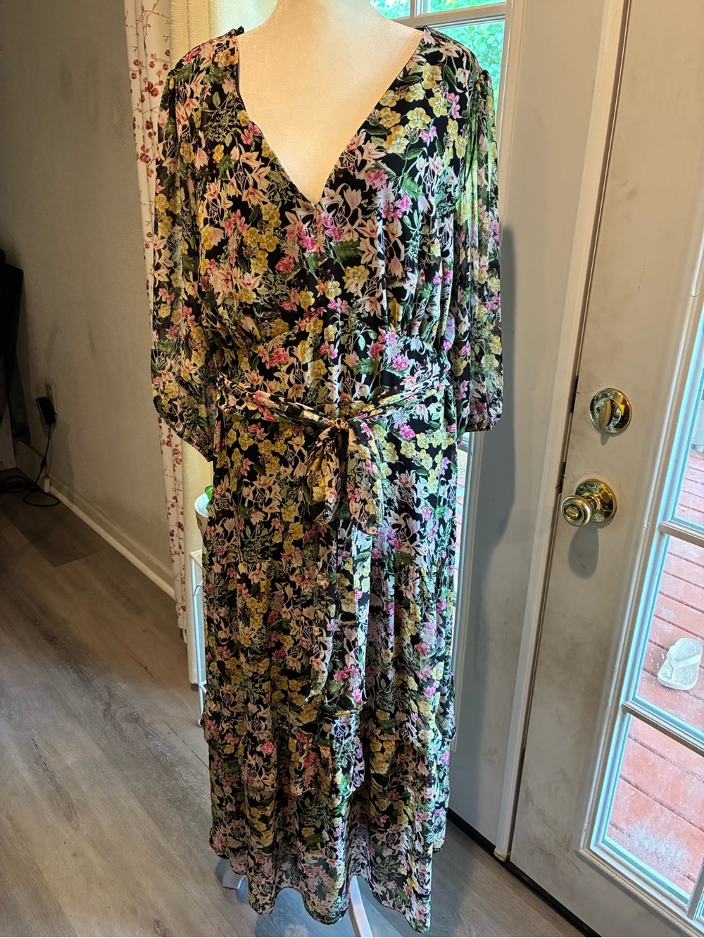 Taylor Black Floral Wrap Maxi Dress with Pink & Yellow Blooms
